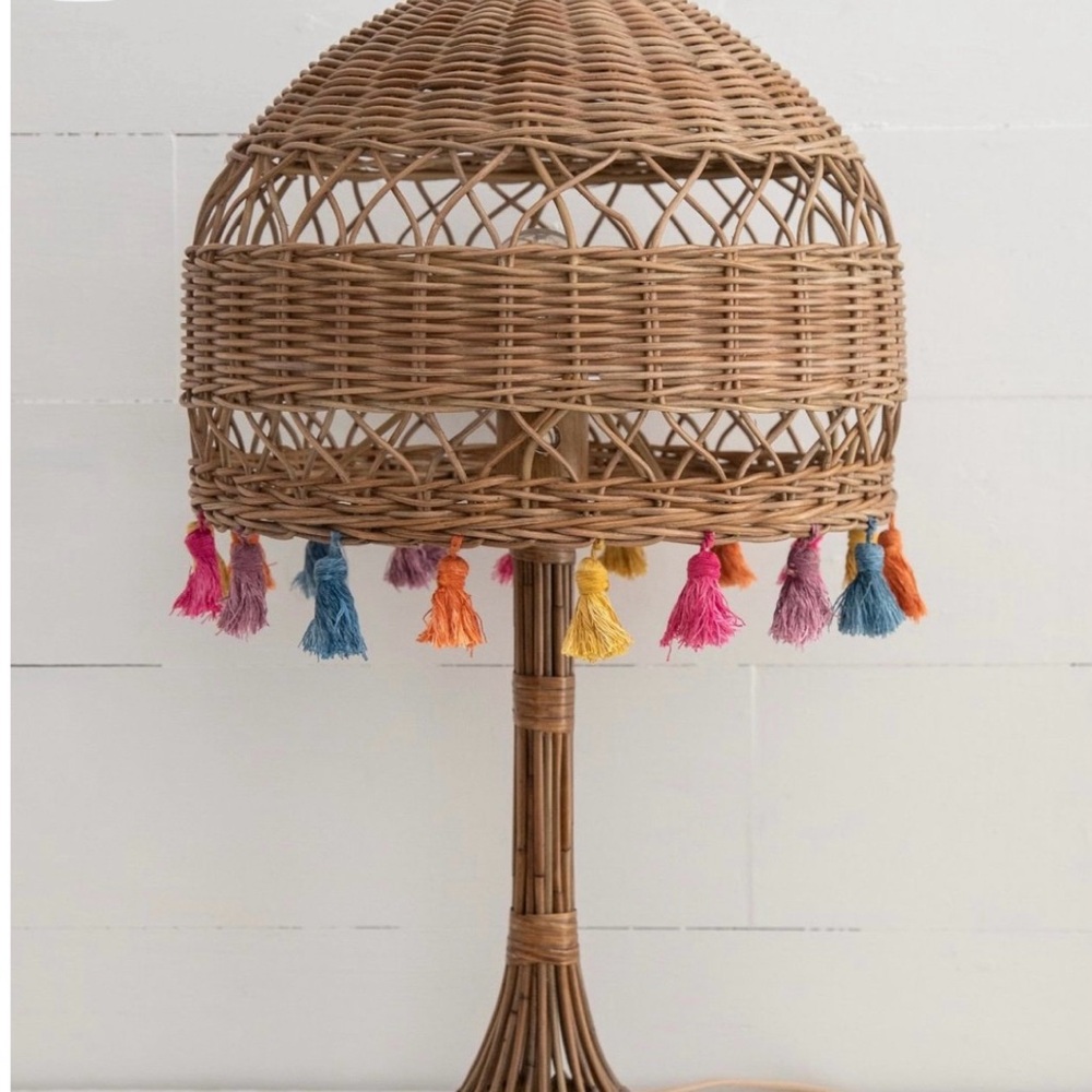 Natural Life Rattan Table Lampshade with Multicolor Tassels.
